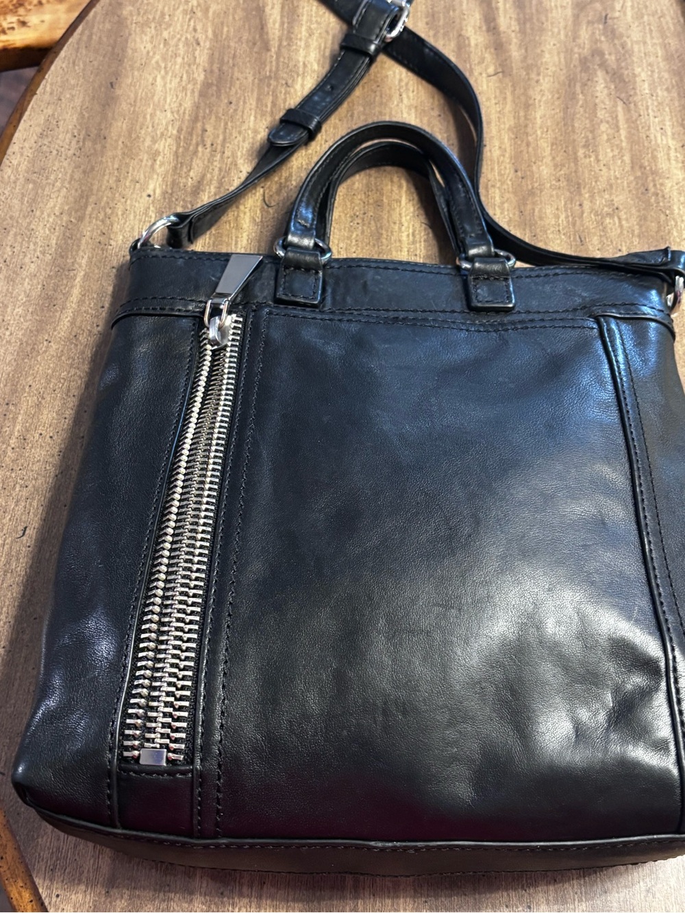 Frye Lena Black Leather Shoulder Bag with Silver Zip Detail See Photos READ
